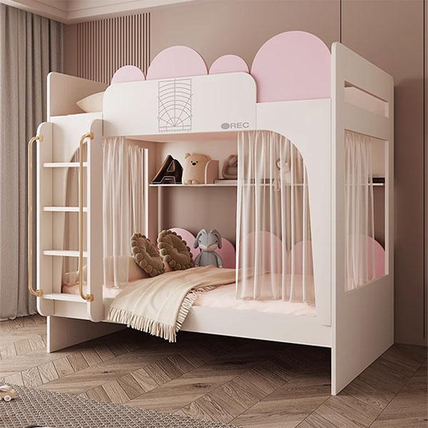 Giường gỗ 2 tầng trẻ em phối trắng hồng thiết kế đáng yêu