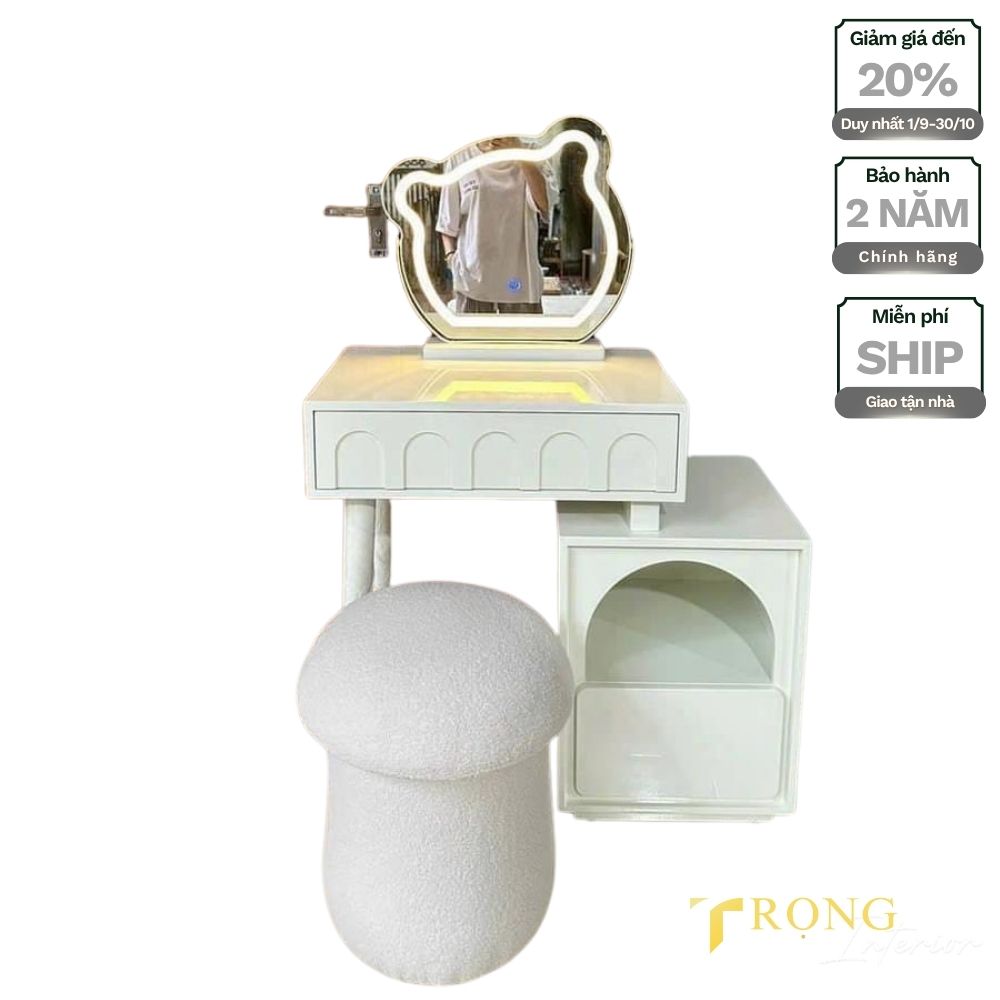 14 Bàn trang điểm size nhỏ, ghế hình nấm, gương led gấu màu trắng sữa #btd98821 _ Trọng Interior