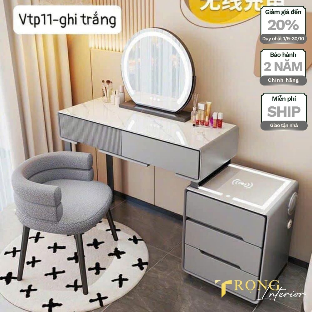 16 Bàn trang điểm size trung, màu ghi trắng, gương led tròn, phong cách hiện đại #btd77212 _ Trọng Interior
