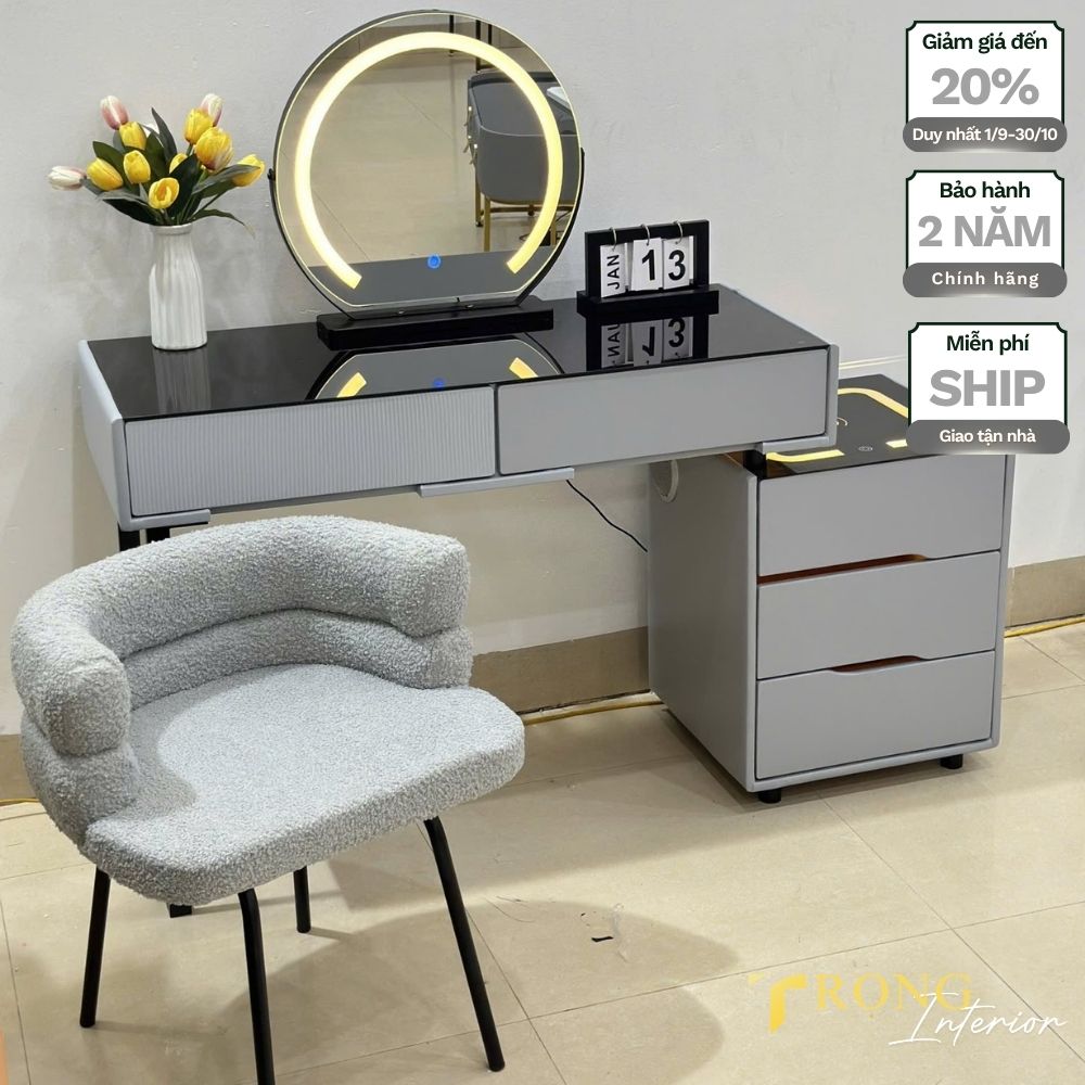 44 Bàn trang điểm màu xám ghi phong cách hiện đại, gương led tròn, ghế vải #btd6546 _ Trọng Interior