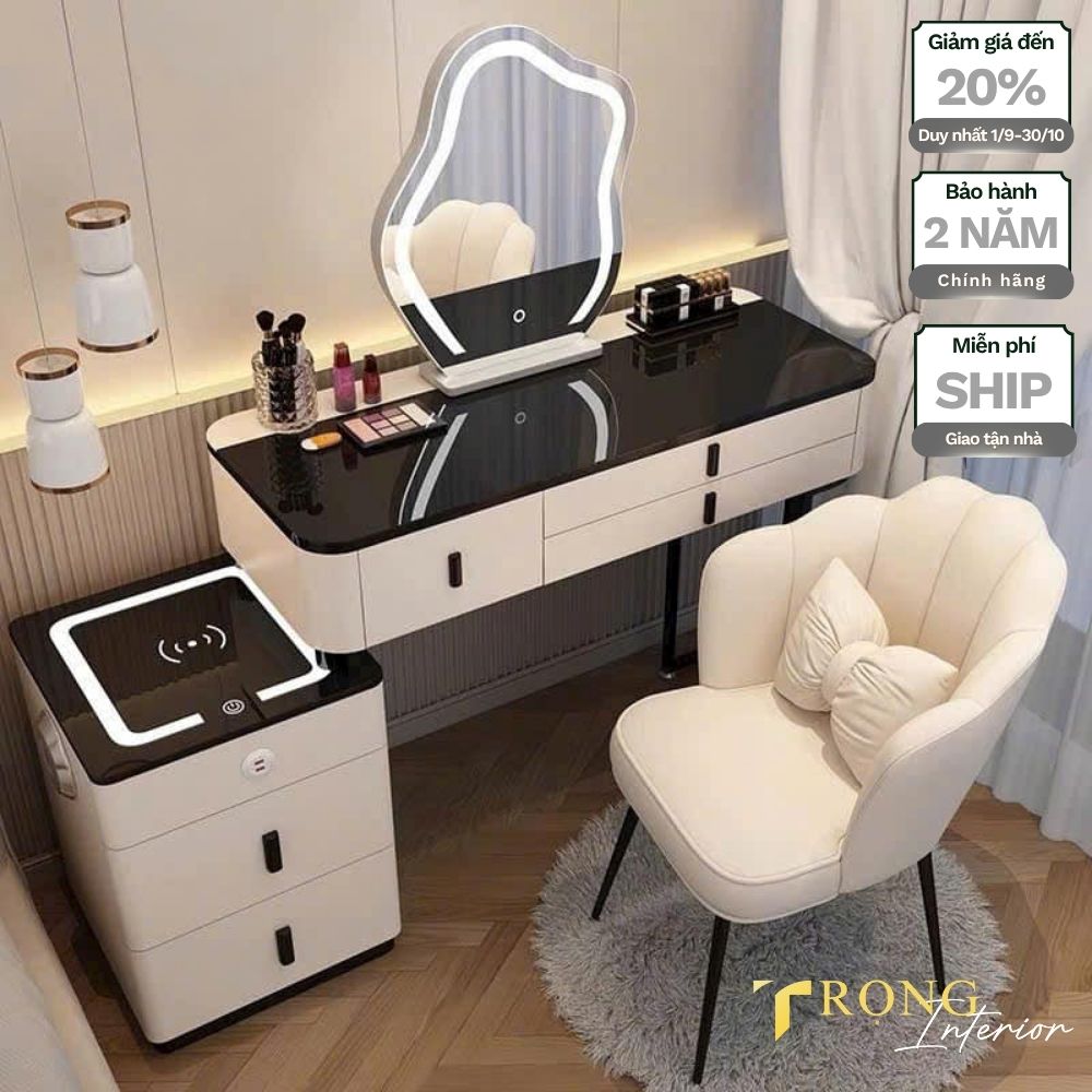 50 Bàn trang điểm phong cách hiện đại, gương led đám mây, ghế vỏ sò trắng kem #btd44572 _ Trọng Interior