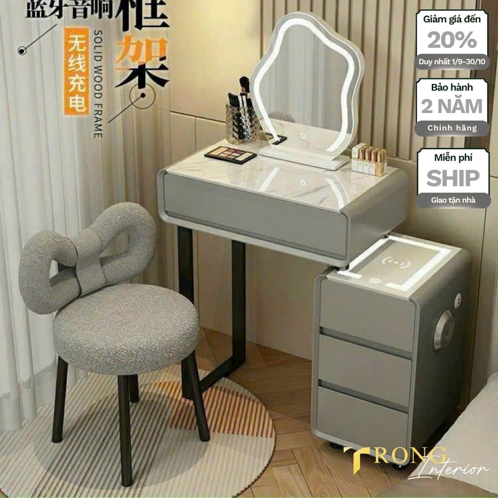 52 Bàn trang điểm size nhỏ ghế nơ, gương led xám xi măng đám mây, bàn hộc trang điểm size nhỏ #btd72661 _ Trọng Interior