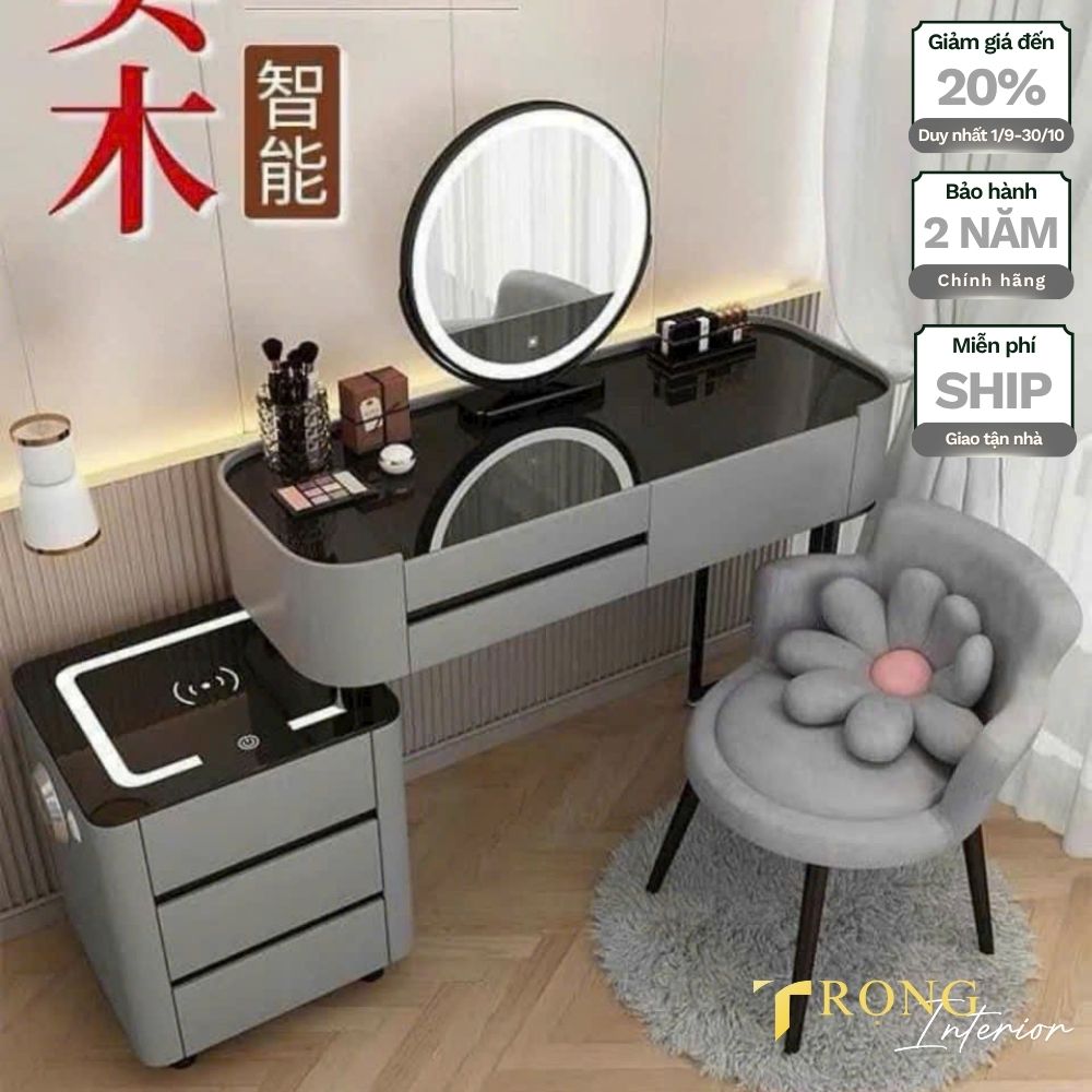 54 Bàn trang điểm xám ghi hiện đại, gương led tròn màu xám ghi, ghế xám ghi #btd66271 _ Trọng Interior