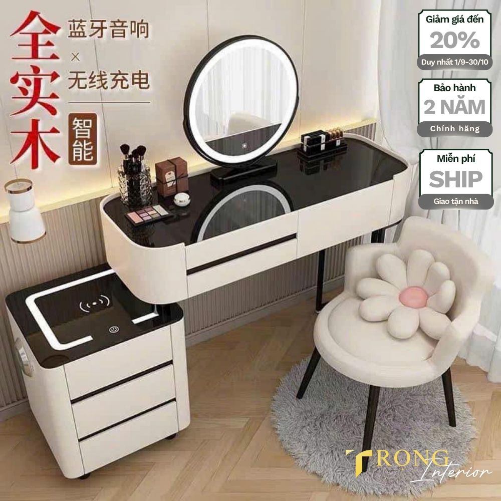55 Bàn trang điểm trắng hiện đại, gương led tròn màu trắng, ghế #btd66272 _ Trọng Interior