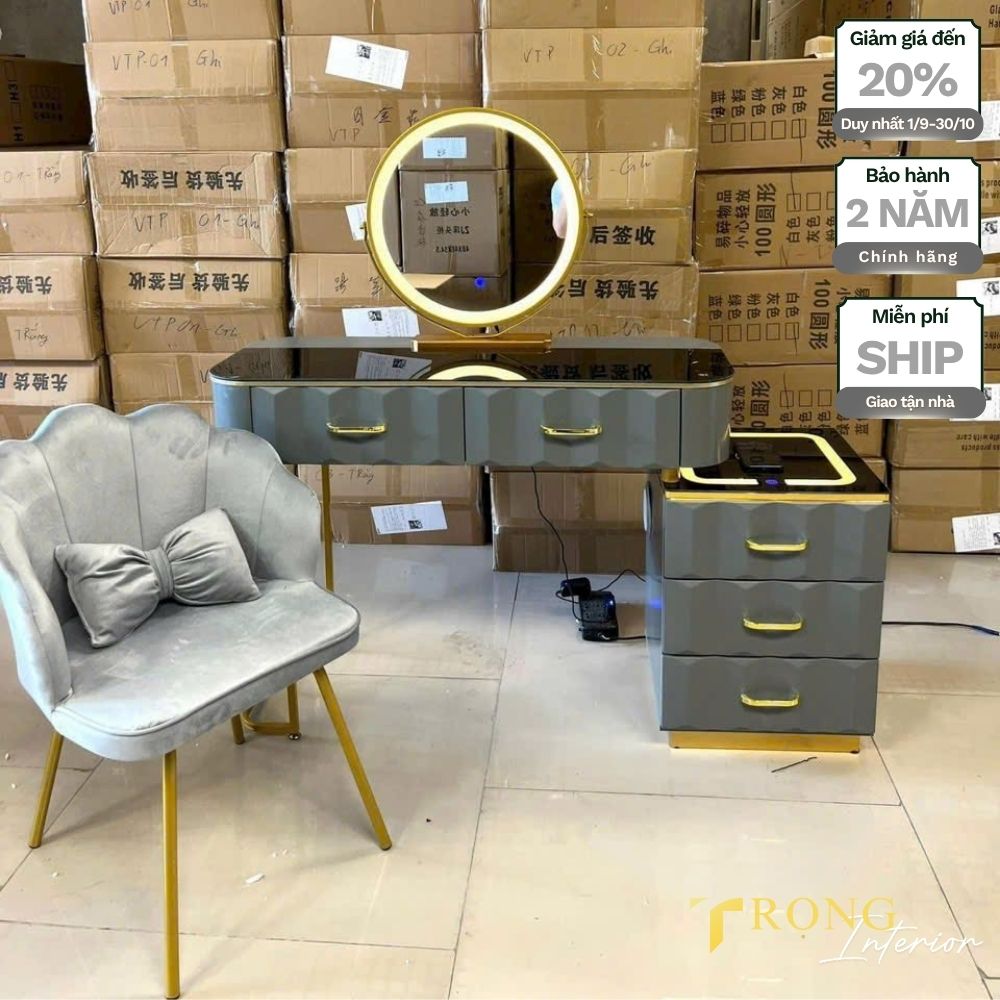 66 Bàn trang điểm size nhỏ, ghế ngọc trai chân thấp, gương led tròn, phong cách hiện đại màu xám ghi #btd5525 _ Trọng Interior