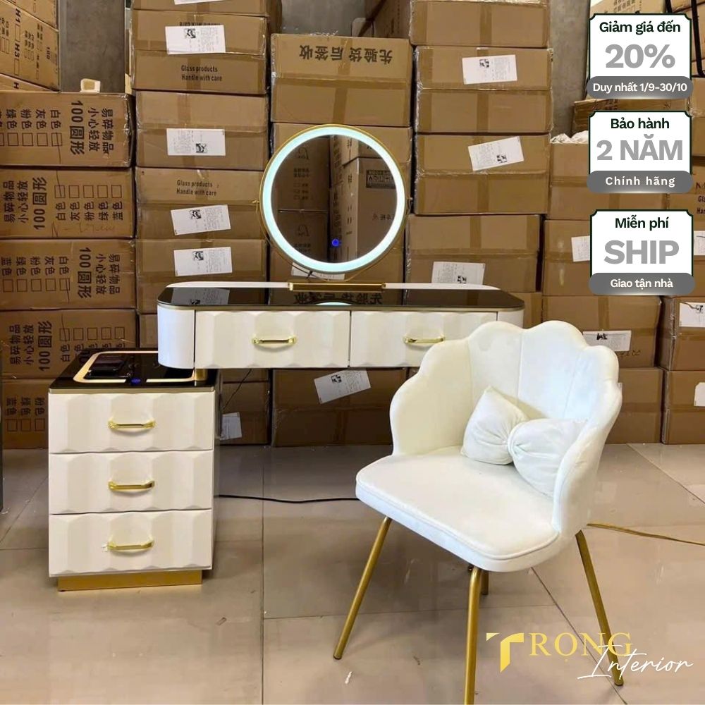 67 Bàn trang điểm size nhỏ, ghế ngọc trai chân thấp, gương led tròn, phong cách hiện đại màu trắng #btd5526 _ Trọng Interior