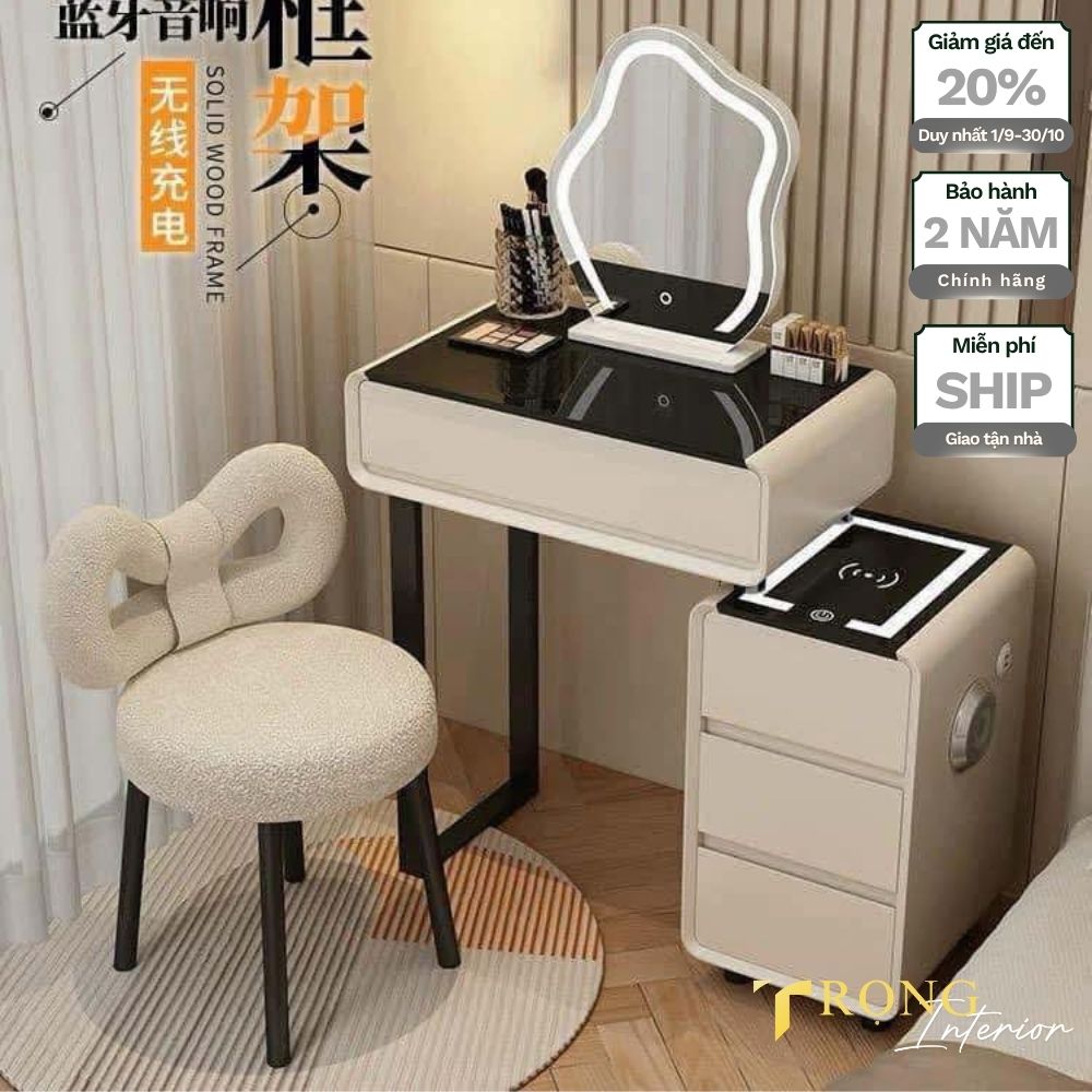 68 Bàn trang điểm size nhỏ, ghế thắt nơ dễ thương, gương led đám mây màu kem #btd00811 _ Trọng Interior