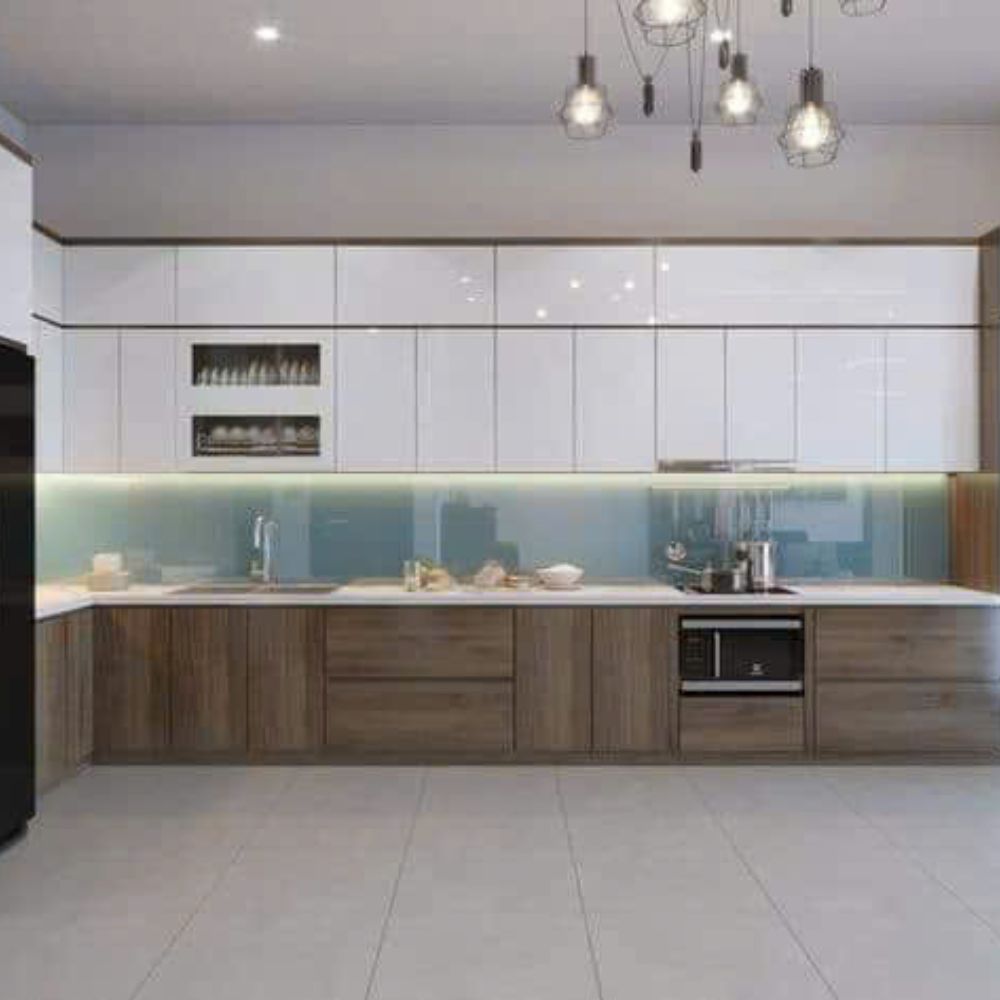 15 Tủ Bếp Chữ L Acrylic Trắng Vân Gỗ Modern Plus KB-03 | Trọng Interior