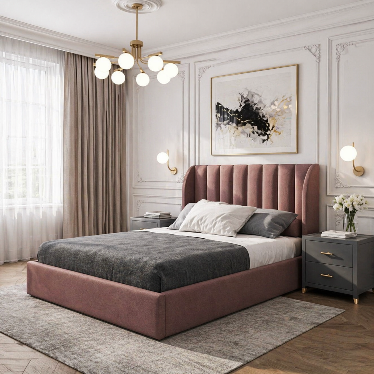 14 Giường ngủ bọc nệm tân cổ điển cao cấp tông hồng sang trọng - GNBNTCD004