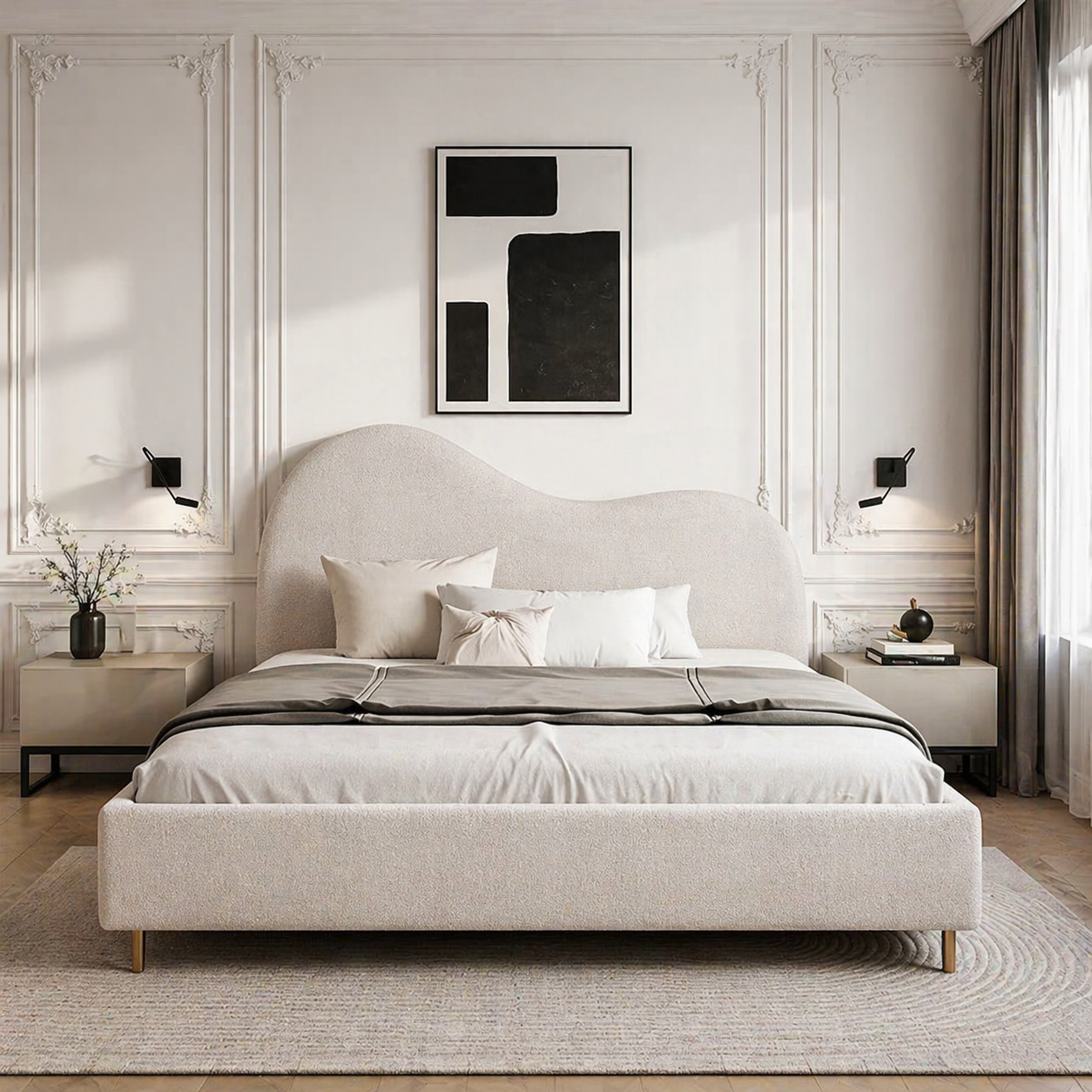18 Giường ngủ bọc nỉ kem bo cong hiện đại tân cổ điển cao cấp GN-NKBC-004