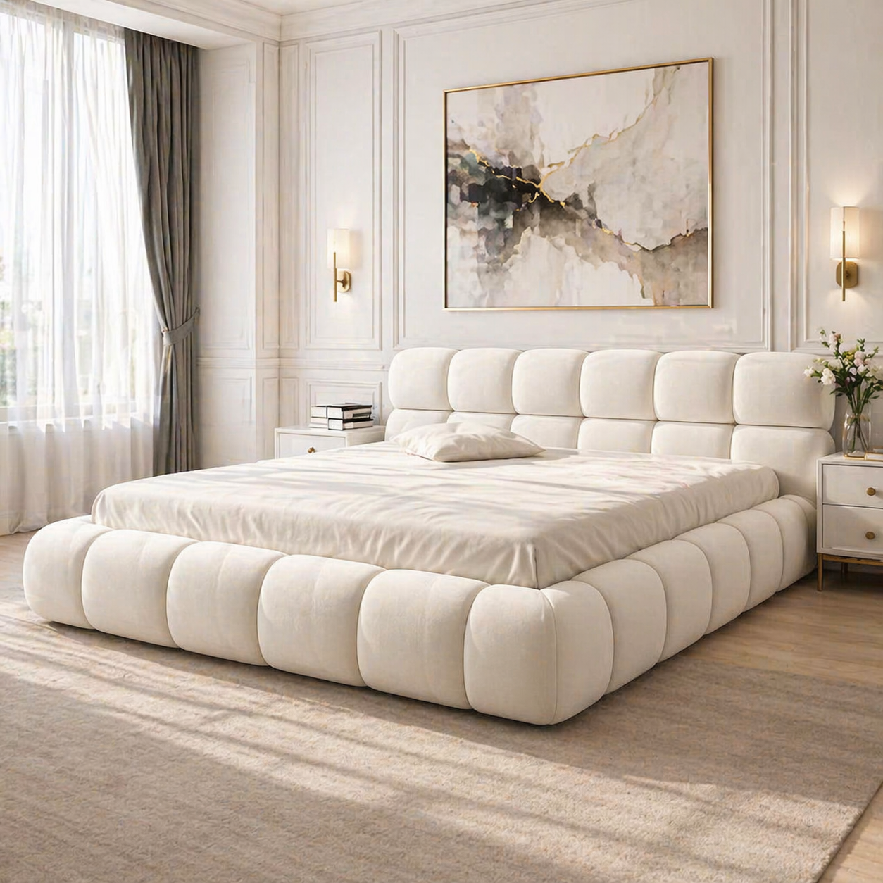 2 Giường ngủ bọc nệm tân cổ điển màu trắng - GN001