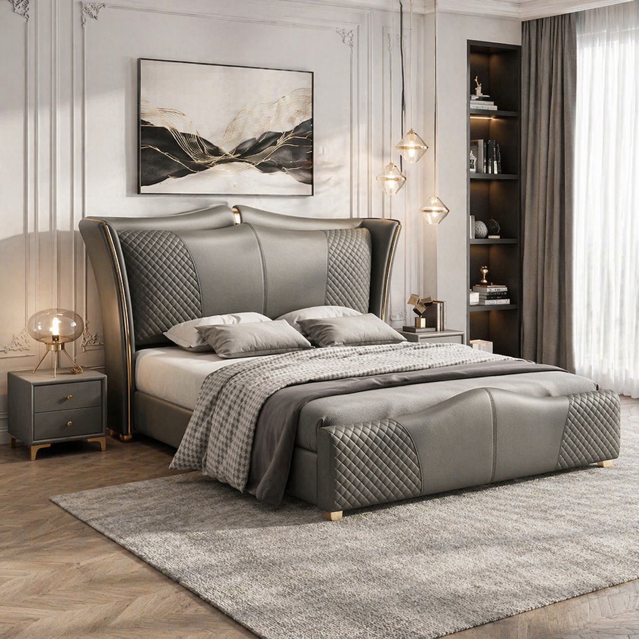 26 Giường ngủ bọc da cao cấp tân cổ điển màu xám viền vàng sang trọng - GN006