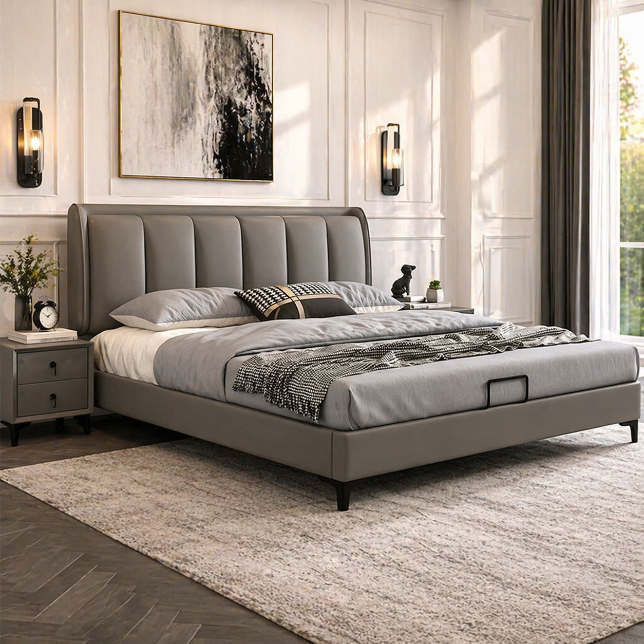 4 Giường Ngủ Bọc Da Cao Cấp Tân Cổ Điển Tone Trắng Đen Sang Trọng GNLX001