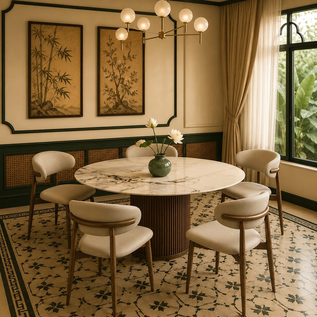 11 Bàn Ăn Tròn Mặt Đá Marble Chân Nan Gỗ Cao Cấp 6 Ghế Màu Óc Chó Phong Cách Indochine Luxury BOBANANA135824