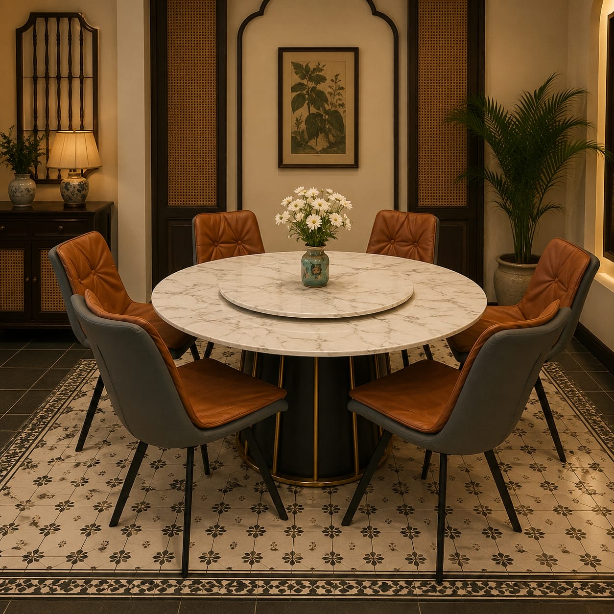 13 Bộ Bàn Ăn Tròn Mặt Đá Vân Mây Có Mâm Xoay 6 Ghế Da Caramel Modern Indochine Luxury BOBANAN8156MX281