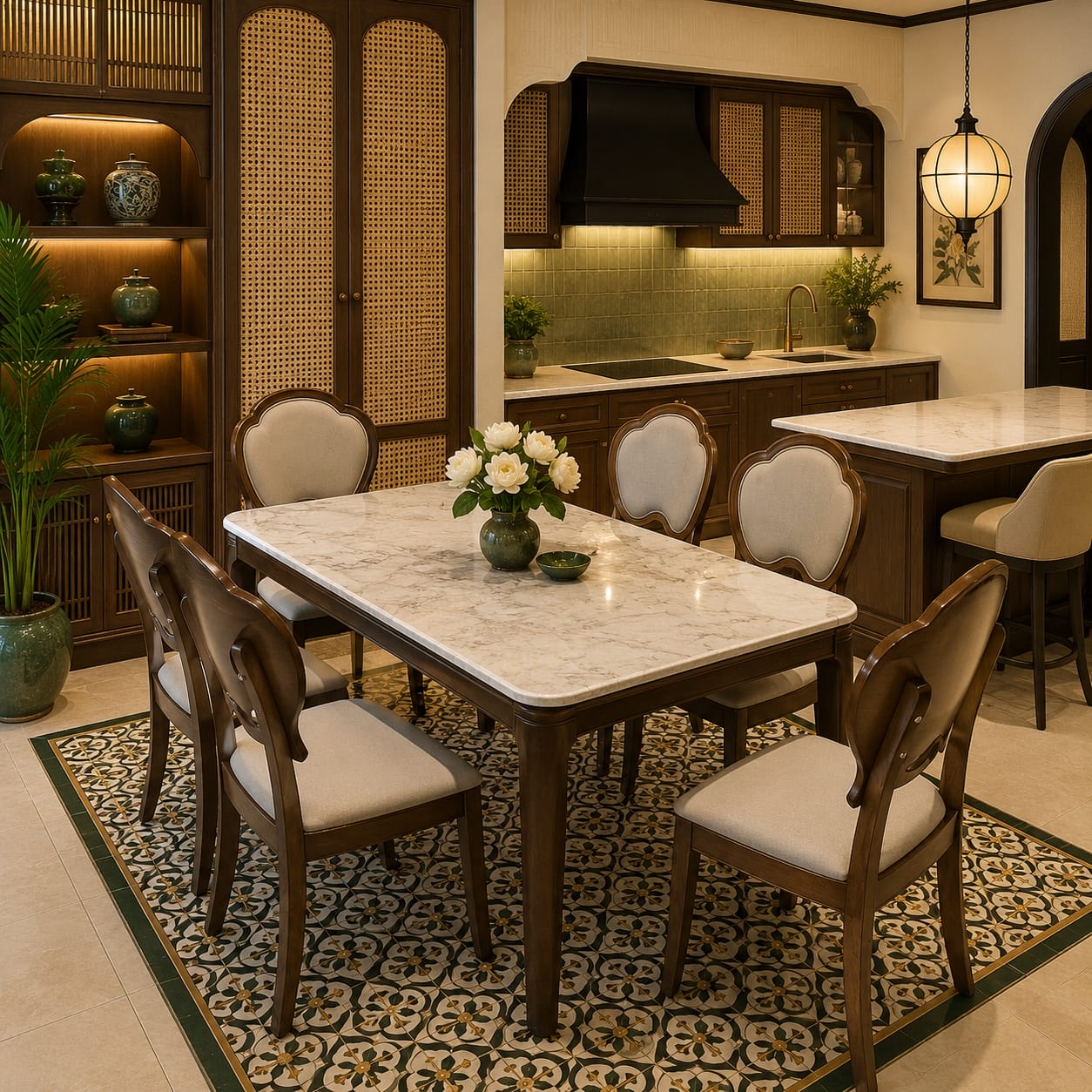 2 Bộ Bàn Ăn Luxury Indochine Walnut Marble BOBANAN8642