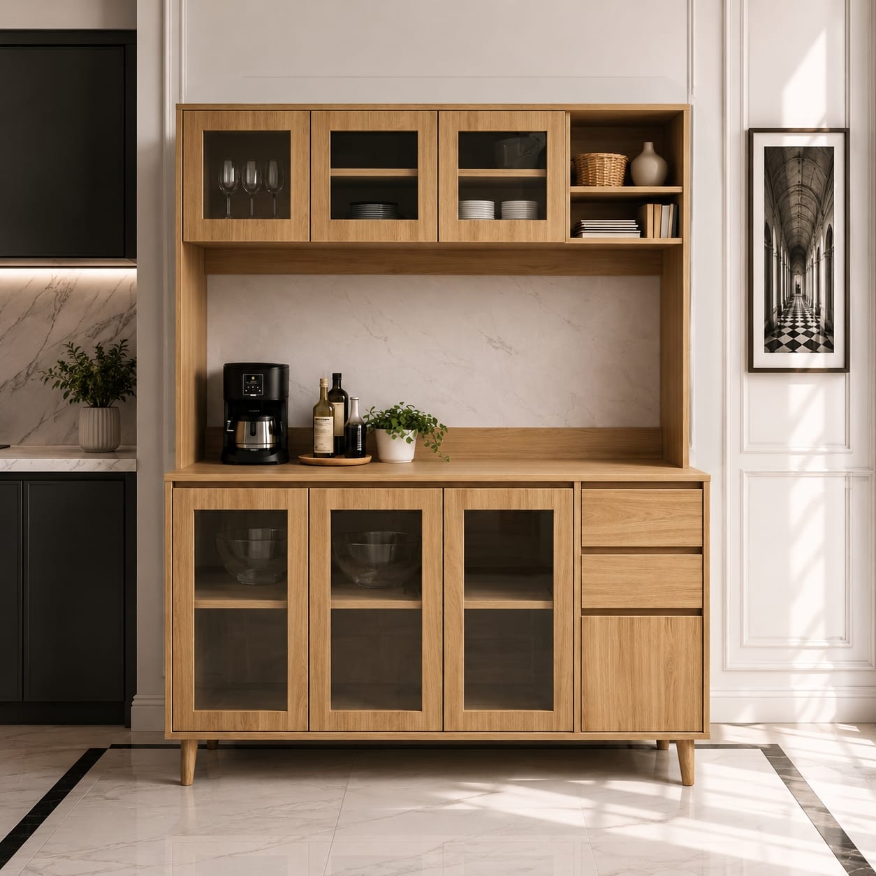 2 Tủ Bếp Buffet Cánh Kính Gỗ Sồi Tự Nhiên Cao Cấp TUBEP5147 | Trọng Interior
