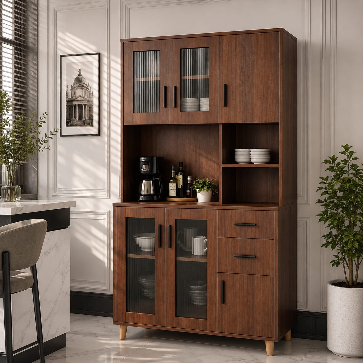 21 Tủ Bếp Buffet Cánh Kính Sọc Màu Óc Chó Hiện Đại Cao Cấp TUBEP-847521 | Trọng Interior
