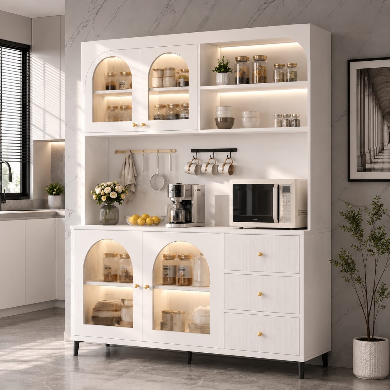 25 Tủ Buffet Nhà Bếp Hiện Đại Màu Trắng Sứ Cánh Kính Vòm Có Đèn LED Sang Trọng TUBEP8725 | Trọng Interior
