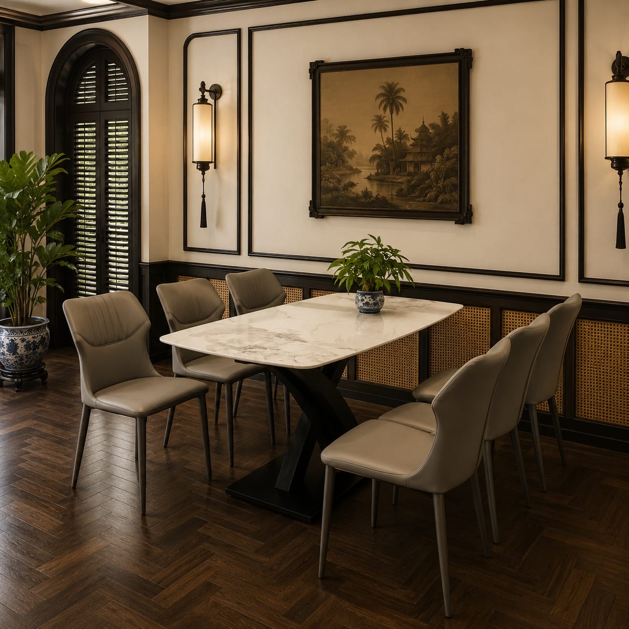 26 Bộ Bàn Ăn Hiện Đại 6 Ghế Mặt Đá Vân Mây Trắng Chân Sắt Chữ X Sơn Đen Ghế Bọc Da Màu Xám Sang Trọng BOBANAN9847P02