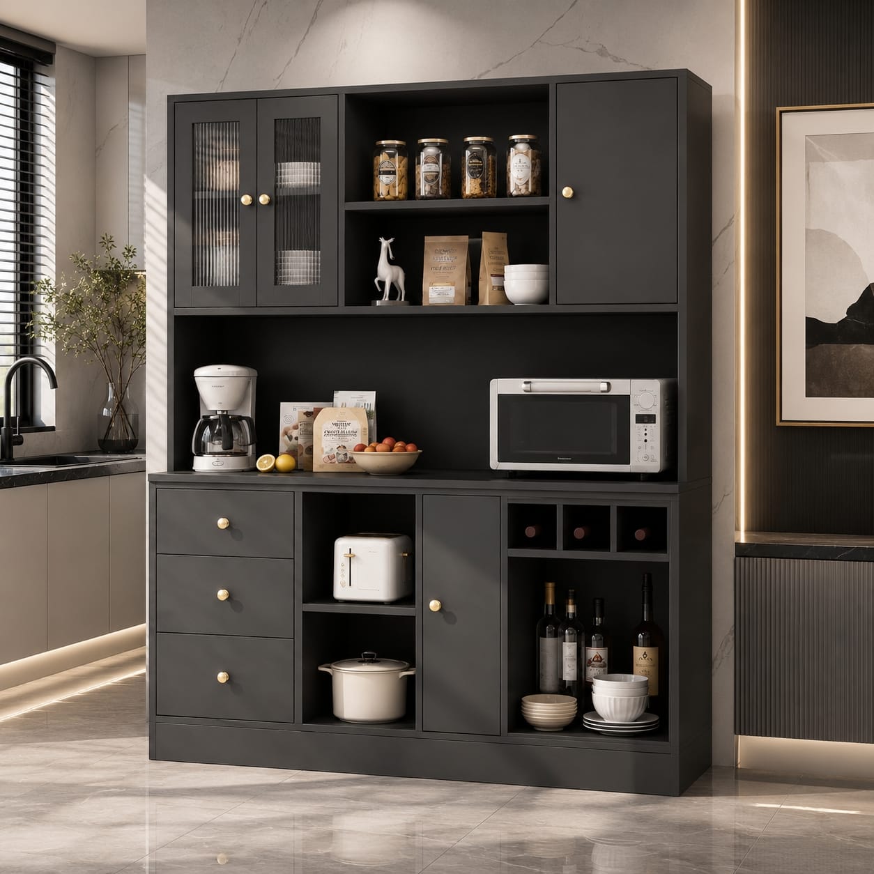 28 Tủ Bếp Buffet Nhựa PVC Cao Cấp Màu Xám Than, Kệ Rượu Trang Trí Hiện Đại TUBEP9824 | Trọng Interior