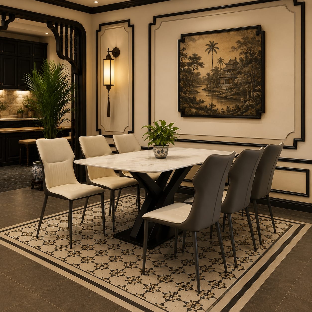 31 Bộ Bàn Ăn Luxury Mặt Đá Vân Mây 6 Ghế BOBANAN88756GHELUX