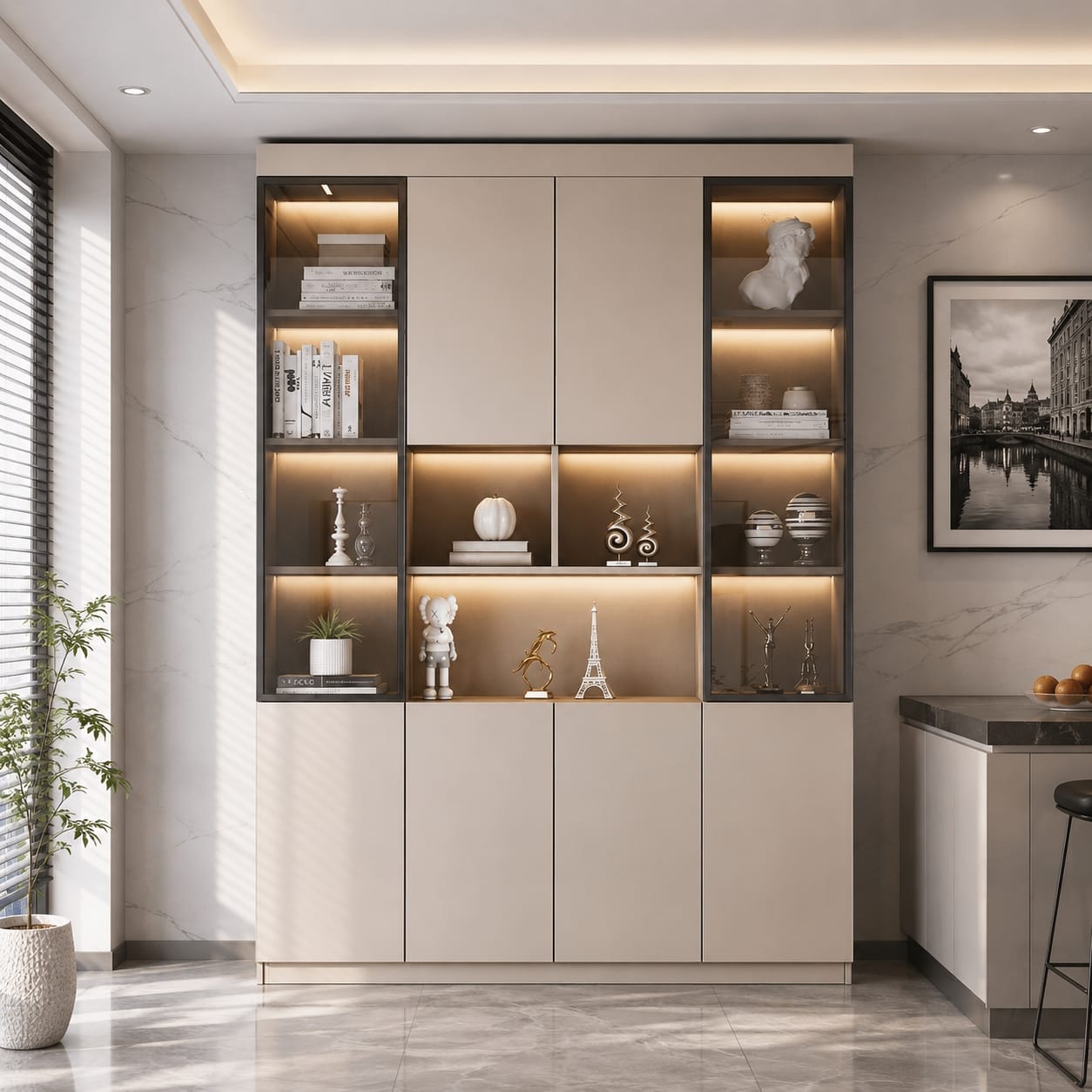 7 Tủ Bếp Trang Trí Kính LED Màu Kem Cao Cấp Phong Cách Hiện Đại Luxury TUBEPLLUX29912 | Trọng Interior