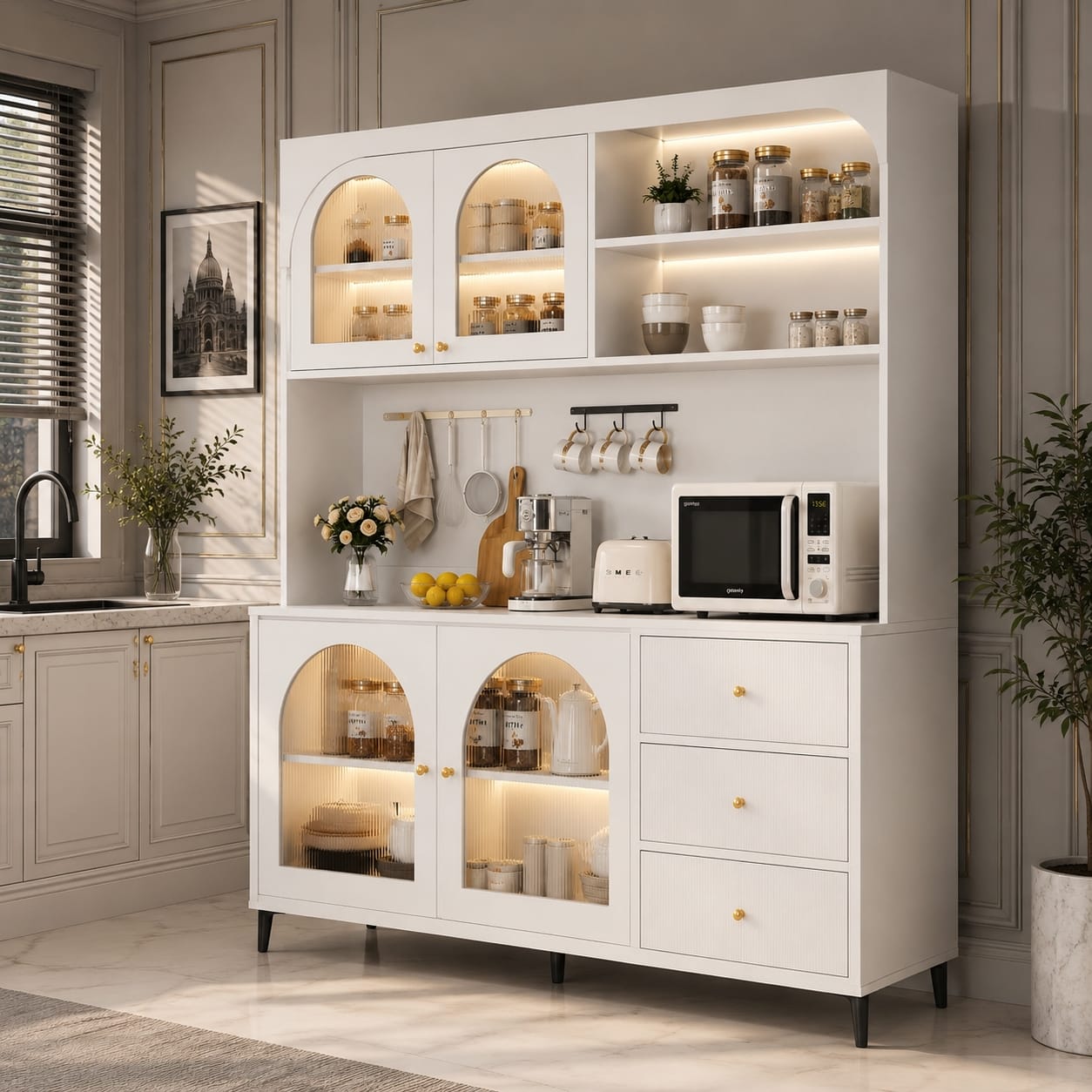 9 Tủ Bếp Trắng Tân Cổ Điển Cánh Kính Vòm Luxury Cabinet TUBEP7248A531 | Trọng Interior