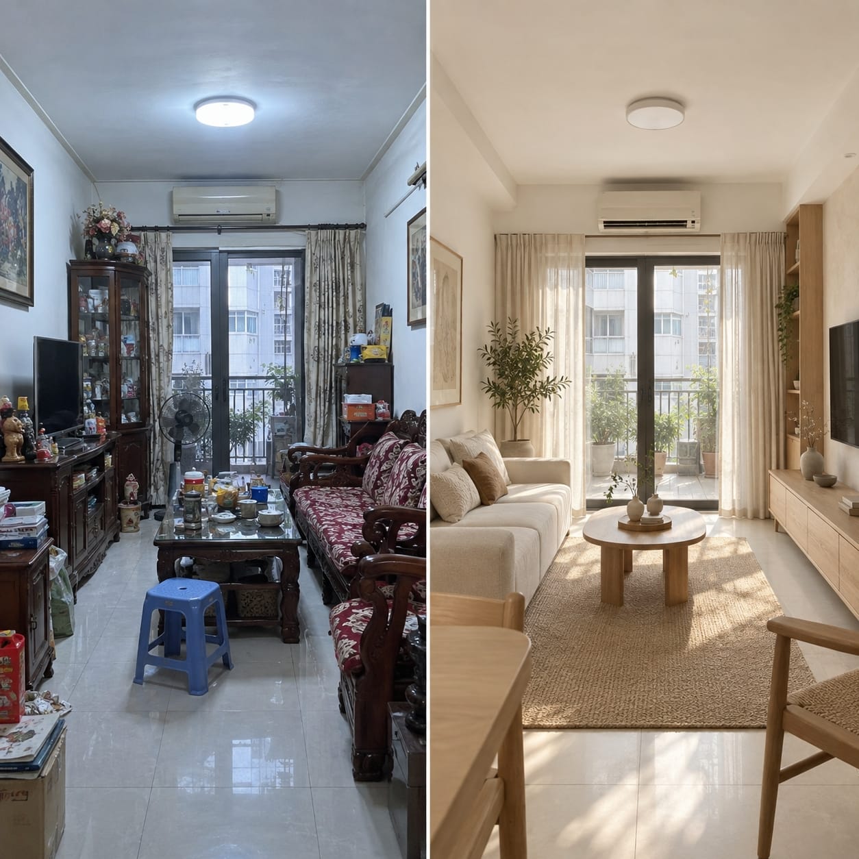 4 cải tạo phòng khách Before–After phòng khách phong cách Japandi
