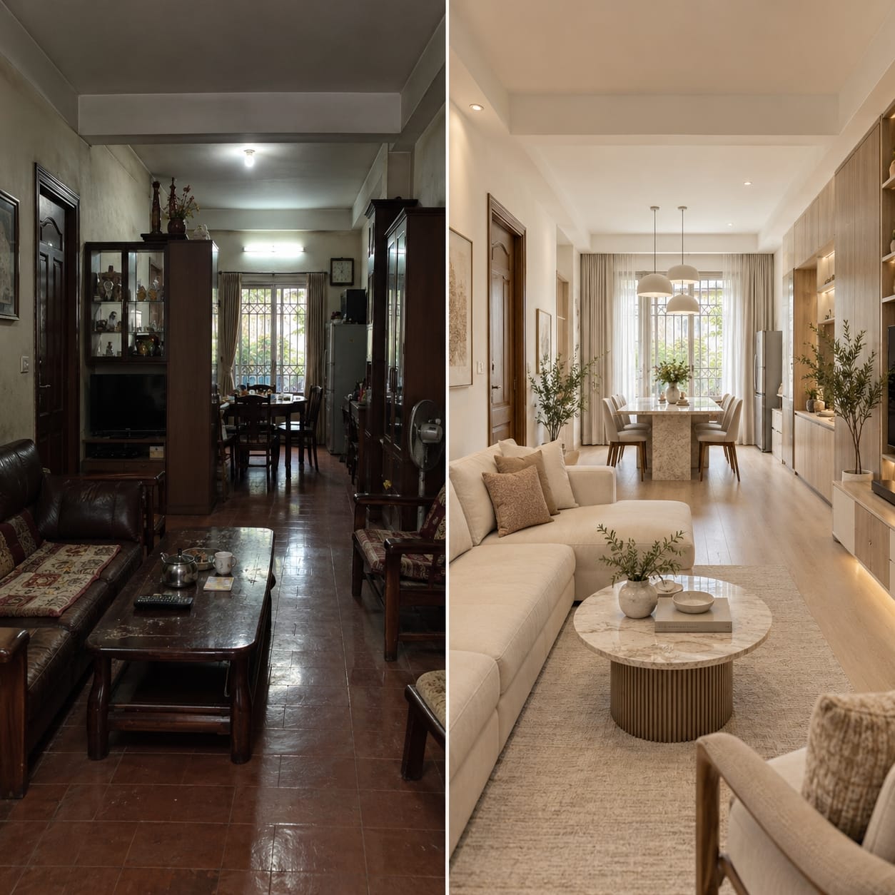 8 Cải tạo phòng khách Before–After phòng khách liên thông phòng ăn Trọng Interior